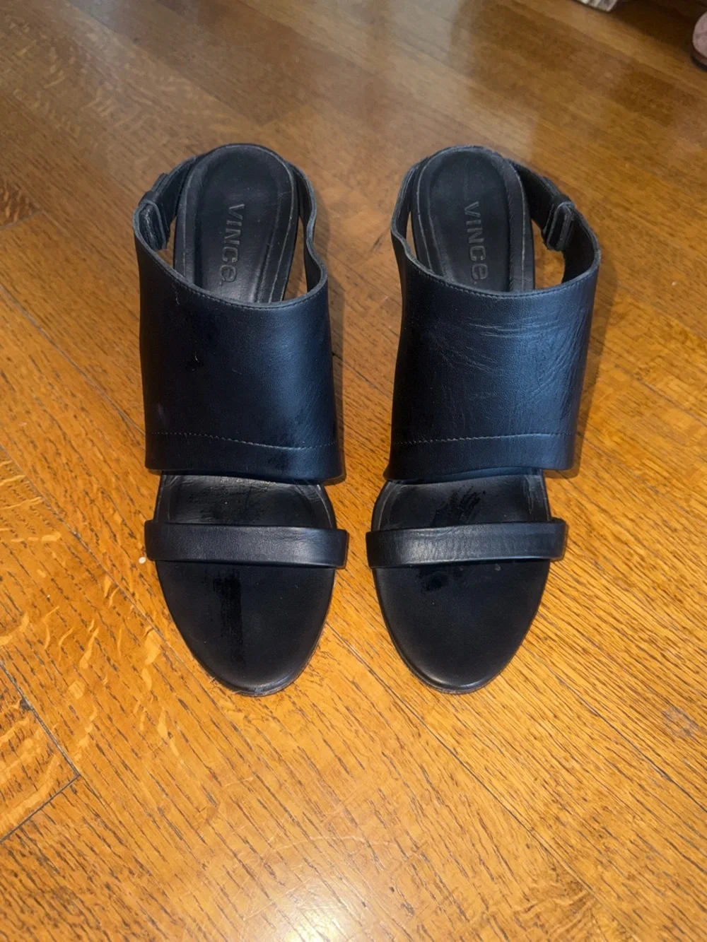 Vince Black Leather Open-Toe Slide Heels
